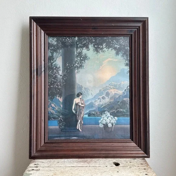 Vintage R Atkinson Fox Framed Lithograph Classical Woman Mountain Lake Wall Art